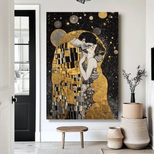 Gustav Klimt The Kiss Dark Version Canvas, Romantic Gold and Black Wall Art, Modern Love Art Print, Decorative Home Canvas, Elegant Couple