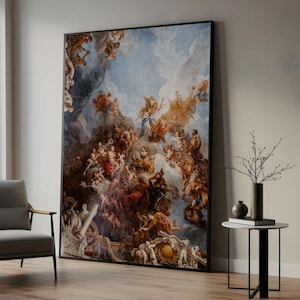 Baroque Mythological Ceiling Fresco Canvas, Classical Angels and Gods Wall Art, Renaissance Style Cloudscape Printing, Decorative Canvas Art