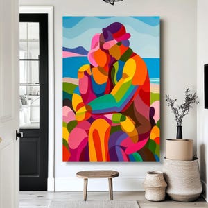 Vibrant Love Embrace Canvas, Colorful Couple Abstract Art, Modern Romantic Wall Decor, Contemporary Home Decoration Canvas
