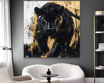 Majestic Black Panther Canvas Art: Modern Wildlife, Gold & Black,Printed aesthetic room decor ready to hang