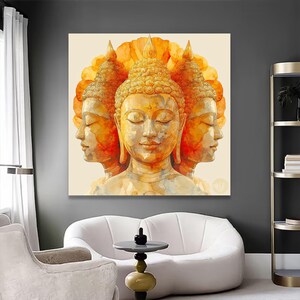 Tranquil Triple Buddha Canvas, Spiritual Meditation Art, Golden Buddha Wall Decor, Zen Home Decoration, Peaceful Sacred Canvas
