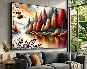 Autumn Forest Canvas Print, River Reflection printing, Rustic Home Decor, Large Canvas Wall Art, Oversized Statement Piece