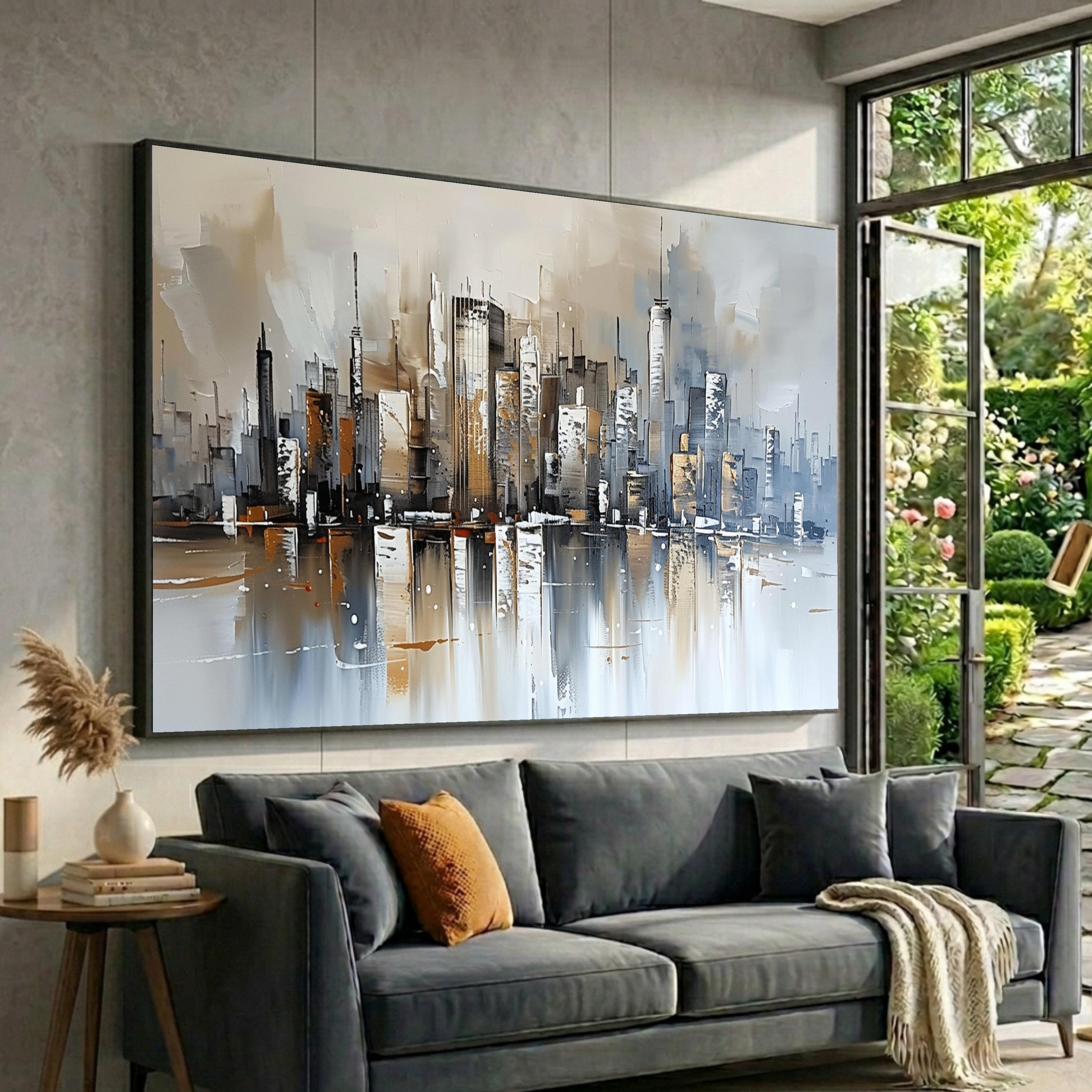 Abstract Cityscape Canvas Art, Metallic Reflection, Urban Skyline