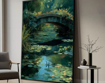 Monet Style Lily Pond Canvas Art: Serene Water Garden Landscape, Printed aesthetic room decor ready to hang