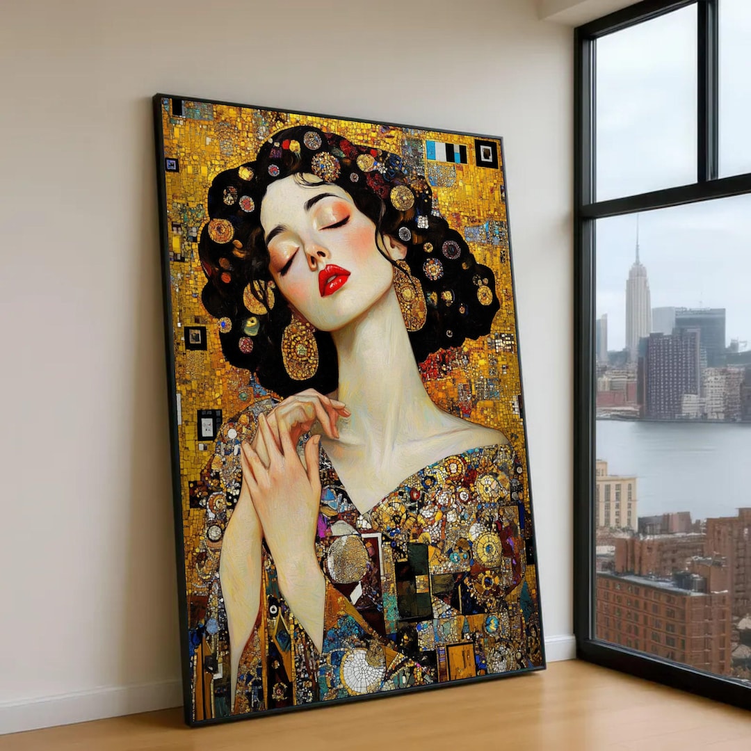 Gustav Klimt Inspired Portrait Canvas, Woman With Red Lips Wall Art ...