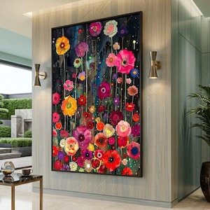 Cuadro floral en lienzo, coloridas amapolas, inspirado en Klimt, cuadro grande en lienzo, pieza decorativa de gran tamaño.
