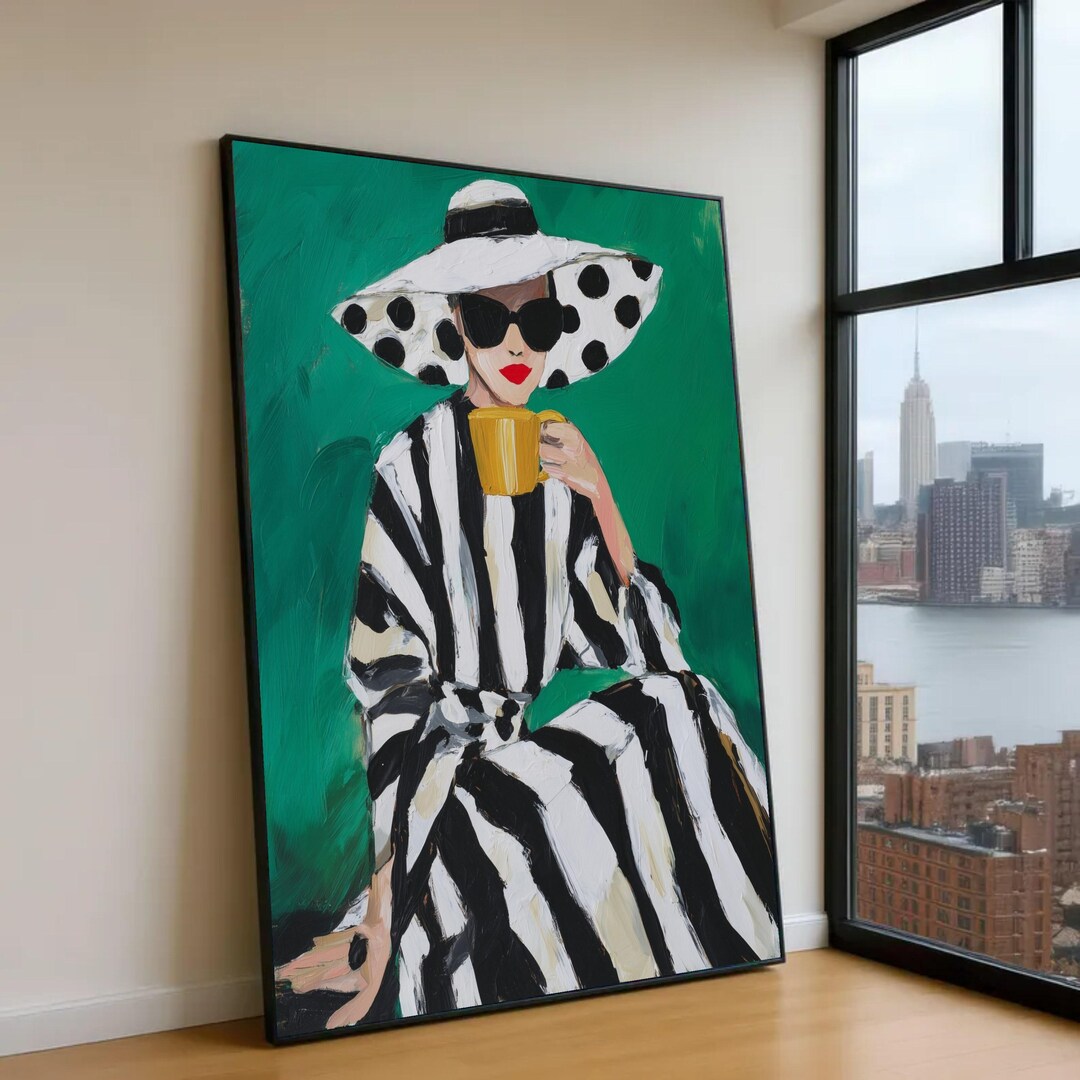 Elegant Woman in Black and White Stripes Canvas, Polka Dot Hat Wall Art ...
