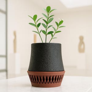 Può includere: Un moderno vaso nero con una superficie strutturata, contenente una piccola pianta verde. Il vaso poggia su una base color terracotta con un motivo geometrico decorativo. La pianta ha piccole foglie verdi.