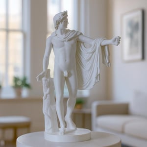 Puede incluir: Una escultura blanca de una figura masculina clásica, posiblemente Apolo, se alza sobre un pedestal redondo. La estatua está detallada con drapeado fluido y una corona de laurel. El fondo es una habitación suavemente iluminada con ventanas y muebles.