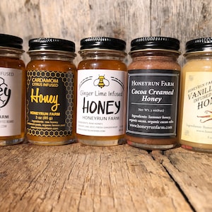 Infused honey sampler- set of five infused honeys in 3 oz glass jars