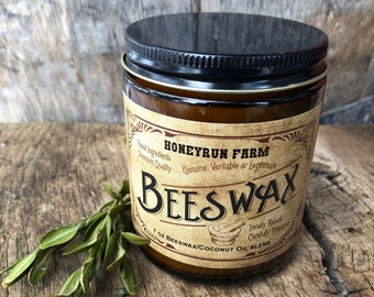 Beeswax Container Candle with antique apothecary style label - 7 oz