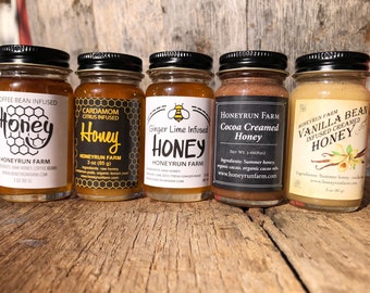 Infused honey sampler- set of five infused honeys in 3 oz glass jars