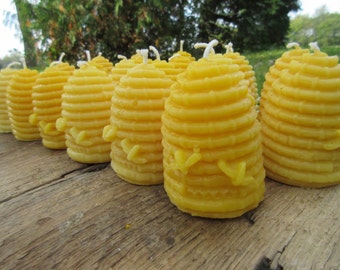 Set of 20 Beeswax Candles- Hive shaped with bees, larger votive size, 3" tall