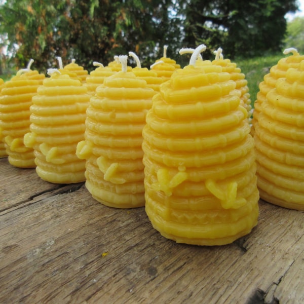 Set of 20 Beeswax Candles- Hive shaped with bees, larger votive size, 3" tall