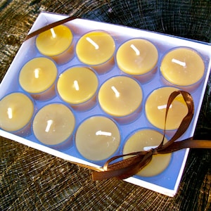 Tea Light Candle Gift Box- -Set of 12 Natural Beeswax Tea Lights in clear plastic cups