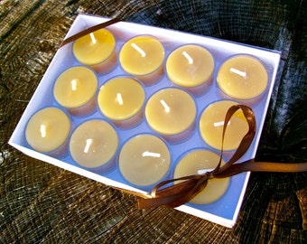 Tea Light Candle Gift Box- -Set of 12 Natural Beeswax Tea Lights in clear plastic cups