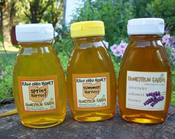 Raw Honey Sampler - Summer, Spring, and Lavender Infused Honey -three 8 ounce bottles