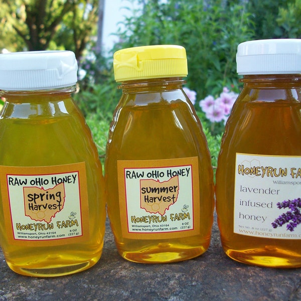 Raw Honey Sampler - Summer, Spring, and Lavender Infused Honey -three 8 ounce bottles