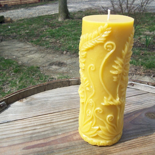 Beeswax Candle- fern leaf cylinder pillar