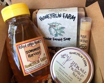 Gift Package - 8 oz Summer Honey, Cedar Forest Soap, Propolis Salve, Coffee Lip Balm