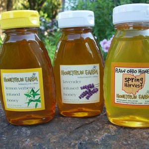 Raw Honey Sampler Spring, Lavender Infused, and Lemon Verbena Infused Honey three 8 ounce bottles image 1