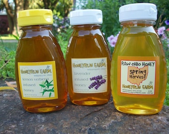 Raw Honey Sampler - Spring, Lavender Infused, and Lemon Verbena Infused Honey -three 8 ounce bottles