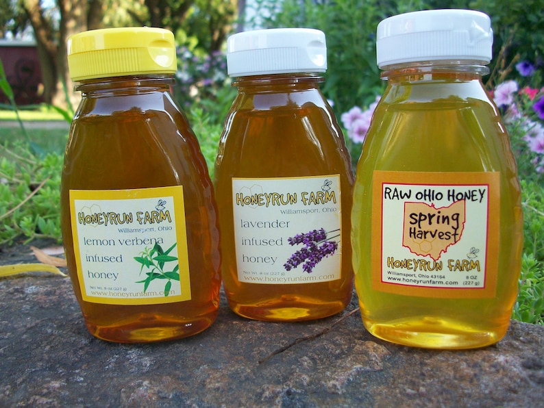 Raw Honey Sampler Spring, Lavender Infused, and Lemon Verbena Infused Honey three 8 ounce bottles image 1