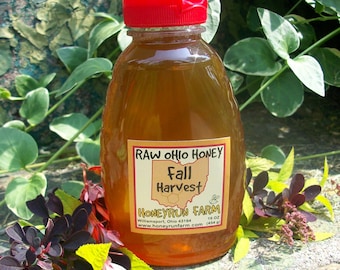 Pode incluir: Uma garrafa de vidro transparente de mel cru de Ohio com a etiqueta "Colheita de Outono" da Honeyrun Farm em Williamsport, Ohio. A garrafa tem 16 onças (454 g) e tem uma tampa vermelha.