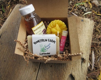 Lavender Gift Package - 8 oz Lavender Infused Honey, Lavender Soap, Lip balm, Flower Candle