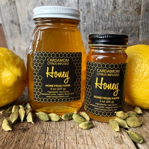 Cardamom Citrus Infused Honey - 8 ounce or 3 ounce glass jar image 1