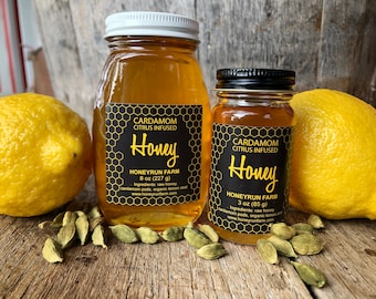 Cardamom Citrus Infused Honey - 8 ounce or 3 ounce glass jar