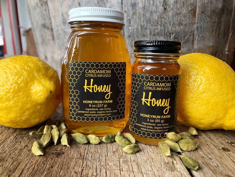 Cardamom Citrus Infused Honey - 8 ounce or 3 ounce glass jar image 1