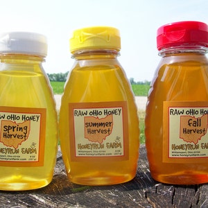 Raw Honey Sampler Spring, Summer, and Fall Honey Three 8 ounce bottles image 1