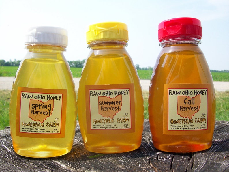 Raw Honey Sampler Spring, Summer, and Fall Honey Three 8 ounce bottles image 1