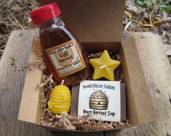 Gift Package - 8 oz Fall Honey, Honey Harvest Soap, Star Candle, Hive Candle