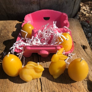 Beeswax Candles in an egg carton- 2 bunnies and 4 egg candles, Easter gift, choose pink or green carton