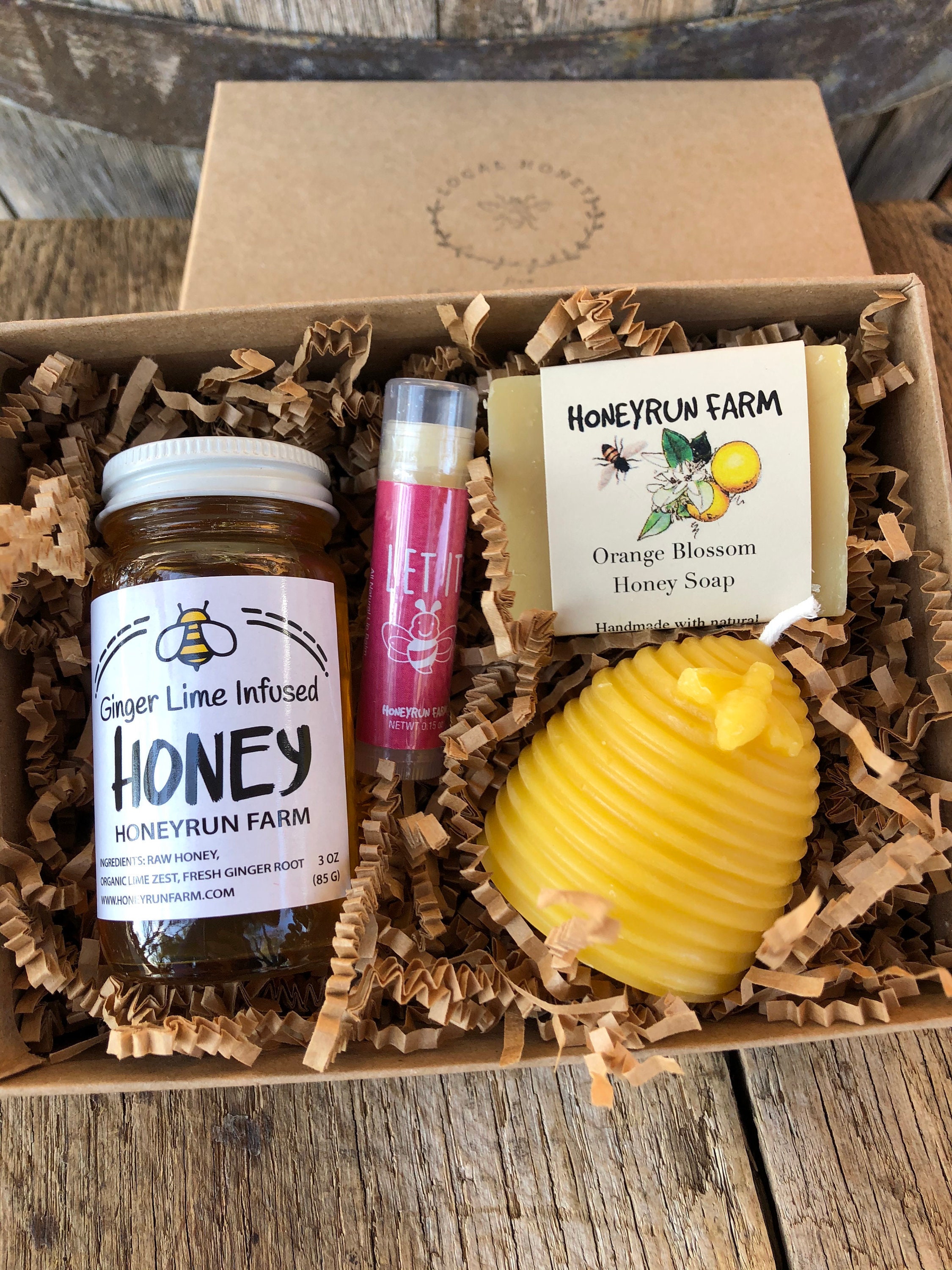 DELUXE HONEY AND HIVE GIFT BASKET RAW HONEY, BEESWAX CANDLE AND HANDMADE  SOAP. UNIQUE GOURMET GIFT BASKET DELIVERED