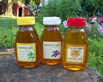 Raw Honey Sampler - Fall, Lavender Infused, and Lemon Verbena Infused Honey -three 8 ounce bottles