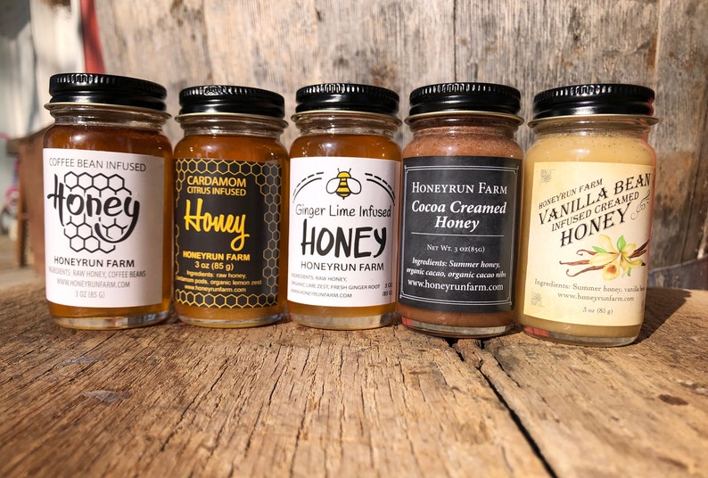 Infused honey sampler set of five infused honeys in 3 oz glass jars image 1