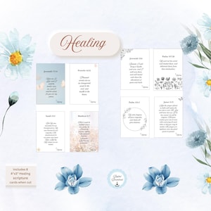 May include: A set of eight 10x7.6 cm healing scripture cards with floral and butterfly accents. The cards feature Bible verses and the word "Healing" in a decorative font. Watercolour flowers and leaves surround the cards.