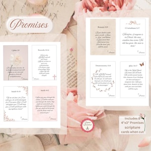Op de afbeelding: Een verzameling van acht 10x7.5 cm Bijbelverskaarten met het woord "Promises". Elke kaart bevat een Bijbelvers en bloemen- en vlinderversieringen. De kaarten zijn bedoeld om uit te knippen.
