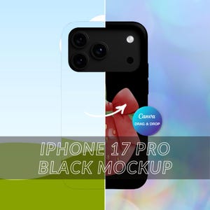 May include: iPhone 17 Pro black mockup with a black camera module and a red bow design. The phone case is shown against a blue and green background. The text "iPhone 17 Pro Black Mockup" is displayed at the bottom.