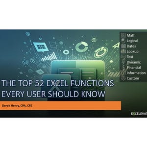May include: A teal and orange graphic promoting Excel functions. The text reads "THE TOP 52 EXCEL FUNCTIONS EVERY USER SHOULD KNOW" with a list of function categories on the right. The author's name is also included.