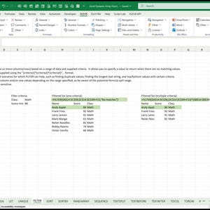 May include: A screenshot of a Microsoft Excel spreadsheet displaying data and formulas. The spreadsheet features a table with names, scores, and classes, alongside filter criteria and filtered lists. The Excel ribbon and menu are visible at the top.