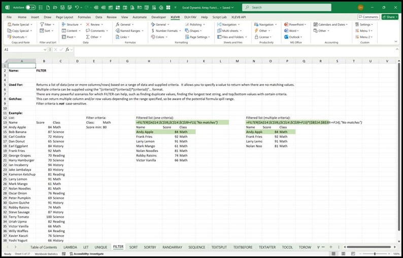 May include: A screenshot of a Microsoft Excel spreadsheet displaying data and formulas. The spreadsheet features a table with names, scores, and classes, alongside filter criteria and filtered lists. The Excel ribbon and menu are visible at the top.