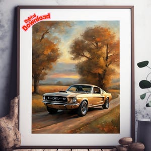 Classic Car Wall Art: 60s Fastback on Autumn Road, Vintage Coupe Decor, Retro Oil Painting Print, Car Lover Gift