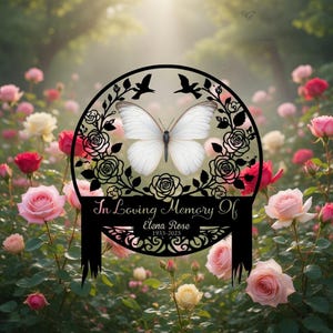 Personlig metallskylt med vit fjärilsmotiv, till minne av trädgårdsstång, personlig presentdekoration
