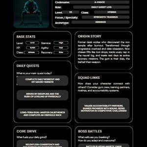 Può includere: Una scheda personaggio digitale nera intitolata Daily Quest Log per Alex Vance, con la foto di una persona in felpa con cappuccio. Il layout include sezioni per statistiche base, storia, missioni giornaliere, collegamenti, motivazioni e battaglie con testo bianco su sfondo scuro.