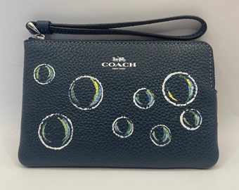 Hand-painted Coach "Bubbles" Corner Zip Wristlet Purse - Navy Blue