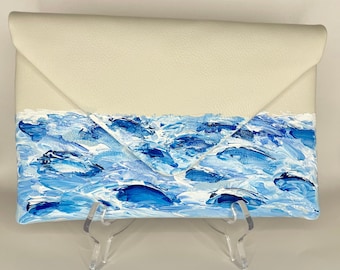 Hand-Painted Ocean Waves Clutch: Envelope Crossbody Purse